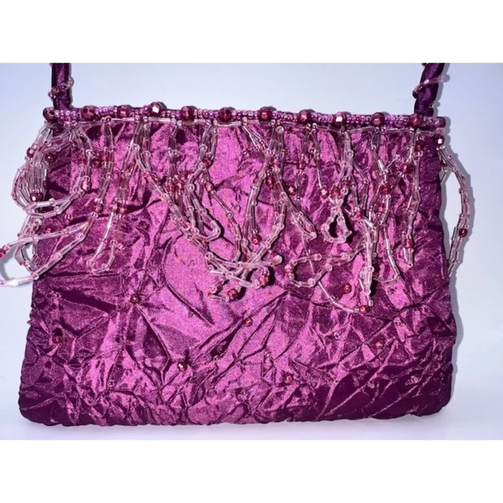 VTG Y2K FarNine Fuchsia Crinkle Satin Beaded Fringe Bag 2000s Whimsygoth Party